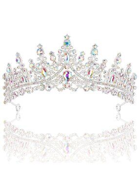 Women's AB Silver Crystal Queen Crown Tiara Wedding Prom Princess Headpiece